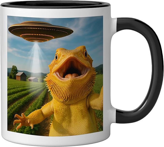 Funny Bearded Dragon Selfie with Alien UFO Ceramic Mug, Black/White
