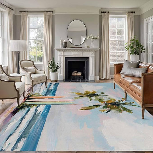 Area Rug 8x10ft, Summer Blue Ocean Surfboard Washable Rugs for Living Room Bedroom, Tropical Plant Palm Tree Soft Non-Slip Area Rugs Rectangle Floor Carpet for Dining Room