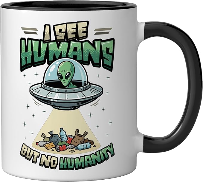 Aliens UFO Extraterrestrial Space Flying Saucer No Humanity Ceramic Mug, Black/White