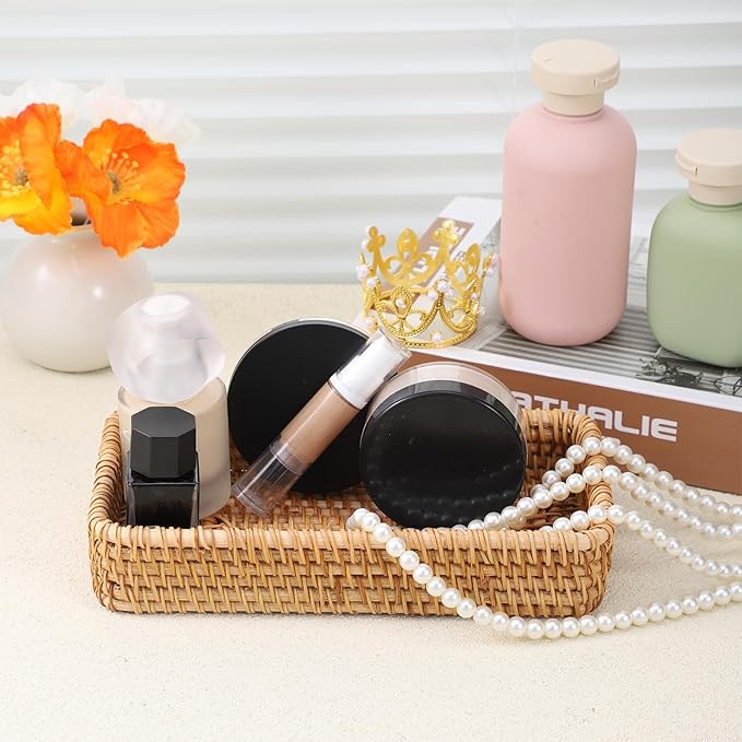 Small Rattan Serving Tray Key Basket for Entryway Natural Wicker Decorative Tray for Keys, Trinkets, Kitchen, Coffee Table