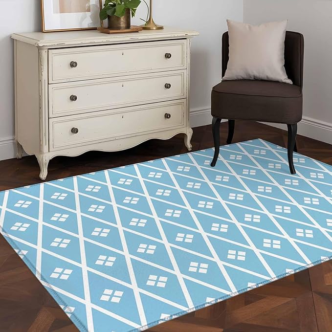Area Rug 4x6ft, Boho Blue White Plaid Line Washable Rugs for Living Room Bedroom, Abstract Geometric Diamond Soft Non-Slip Area Rugs Rectangle Floor Carpet for Dining Room