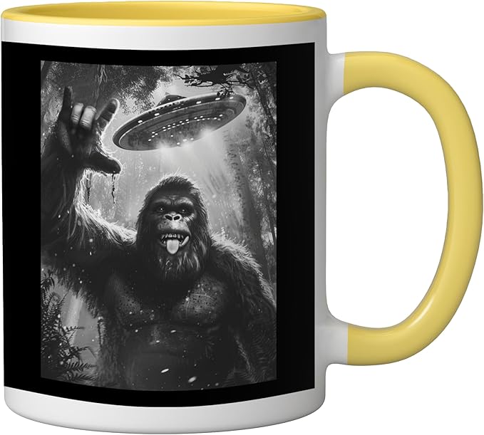 Funny Sasquatch Bigfoot Rock On Selfie with UFO Alien Saucer Ceramic Mug, Yellow/White