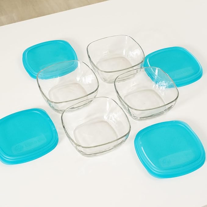 Libbey Serve It 8 Piece Glass Storage Bowl Set with 6 Cup Containers and Blue Plastic Lids