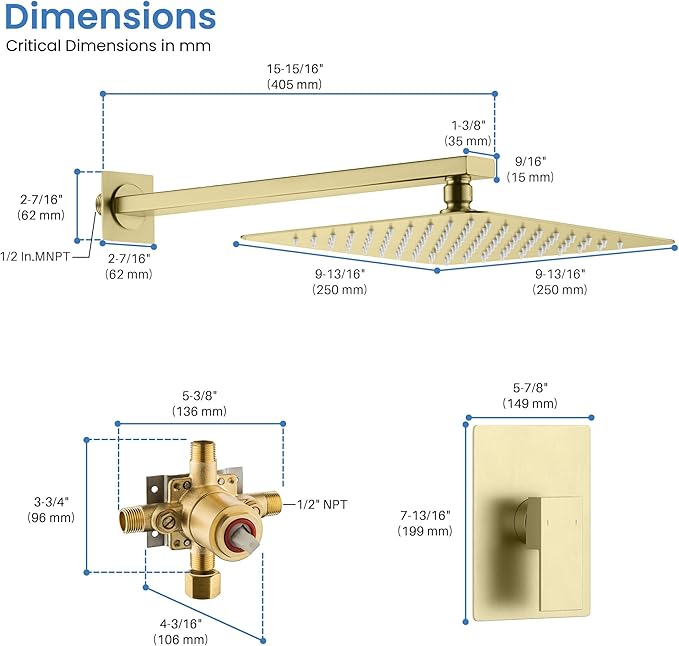 KIBI Cube Bathroom Shower System | Single Function Wall Mounted Shower Faucet Set for Bathroom with Solid Brass Pressure Balanced Construction (Brushed Gold) (KSF411)