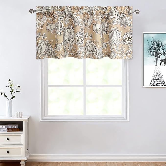 Leeva Floral Valance Curtains for Living Room, 1 Panel Vintage Style Light Filtering Curtain Valances Rod Pocket Window Treatment for Guest Room, L 18 x W 52