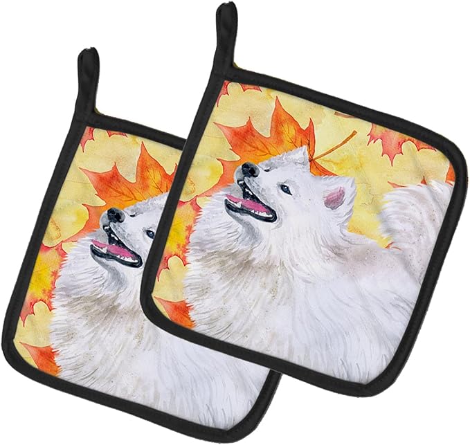 Caroline's Treasures BB9952PTHD Samoyed Fall Pair of Pot Holders, Yellow Kitchen Heat Resistant Pot Holders Sets Oven Hot Pads for Cooking Baking BBQ, 7 1/2 x 7 1/2