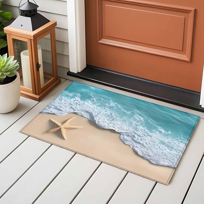 Area Rug 2x3ft, Beach Starfish Teal Sea Water Washable Rugs for Living Room Bedroom, Summer Ocean Theme Soft Non-Slip Area Rugs Rectangle Floor Carpet for Dining Room