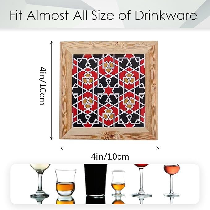 5-Pack Square Ceramic – Heat-Resistant Stone Drink Mats for Table, Modern Design for Coffee Table, Home Decor or Housewarming Gift (Bold Geometric Mosaic with Red and Black Tones)