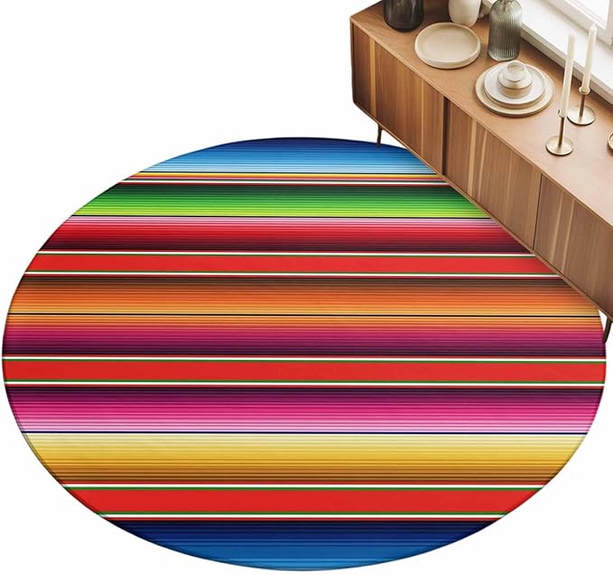 Washable Round Area Rug Mexican Stripes Vintage Ethnic Circle Rugs Floor Carpet for Living Room Bedroom, Native American Stripe Soft Non Slip Round Rug 3ft