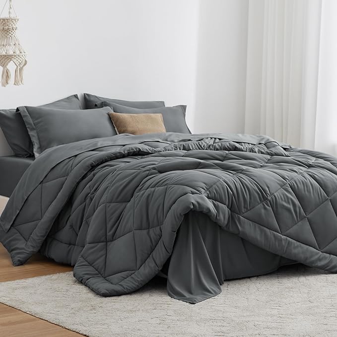 Love's cabin Oversized Queen Comforter Set Dark Grey, 7 Pieces Bed in a Bag, All Season Queen Bedding Sets with 1 Comforter, 1 Flat Sheet, 1 Fitted Sheet, 2 Pillowcase and 2 Pillow Sham | Soft, Breathable, Lightweight, Comfortable