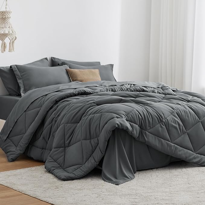 Love's cabin Twin XL Comforter Set Dark Grey, 5 Pieces Twin XL Bed in a Bag, All Season Bedding Sets with 1 Comforter, 1 Flat Sheet, 1 Fitted Sheet, 1 Pillowcase and 1 Pillow Sham | Soft, Breathable, Lightweight, Comfortable