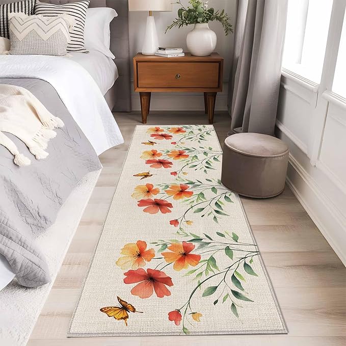Runner Rug for Bedroom Hallway, Summer Watercolor Flower Butterfly Kitchen Runner Rugs Area Rug 2x6ft, Green Leaves Retro Linen Washable Soft Floor Carpet for Entryway Stair