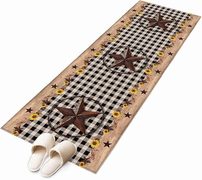 Runner Rug for Bedroom Hallway, Western Star Farm Sunflower Kitchen Runner Rugs Area Rug 2x6ft, Vintage Wood Grain Black Buffalo Plaid Washable Soft Floor Carpet for Entryway Stair