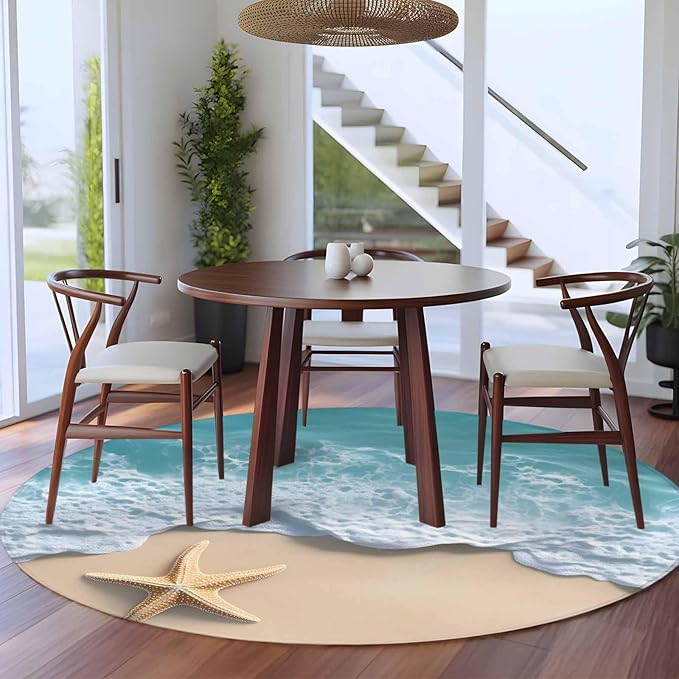 Washable Round Area Rug Beach Starfish Teal Sea Water Circle Rugs Floor Carpet for Living Room Bedroom, Summer Ocean Theme Soft Non Slip Round Rug 5ft