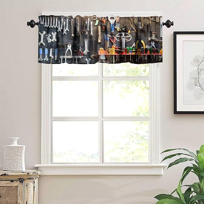 Man Cave Valance Curtain Vintage Style Tools Wall Tool Shed Workshop Fixing Equipment Rod Pocket Valance Window Treatments 1 Panel Short Curtains for Kitchen Living Room 54 x 18 in