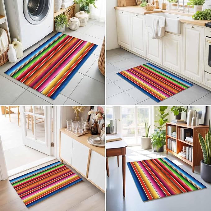 Area Rug 2x3ft, Mexican Stripes Vintage Ethnic Washable Rugs for Living Room Bedroom, Native American Stripe Soft Non-Slip Area Rugs Rectangle Floor Carpet for Dining Room