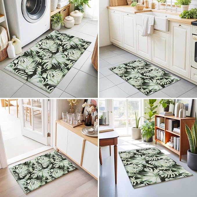 Area Rug 2x3ft, Abstract Dark Green Palm Leaves Washable Rugs for Living Room Bedroom, Watercolor Plants Soft Non-Slip Area Rugs Rectangle Floor Carpet for Dining Room