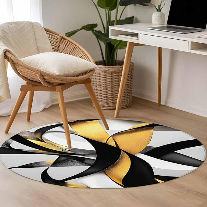 Washable Round Area Rug Modern Geometric Stripe Texture Circle Rugs Floor Carpet for Living Room Bedroom, Abstract Gold Black White Line Soft Non Slip Round Rug 3ft
