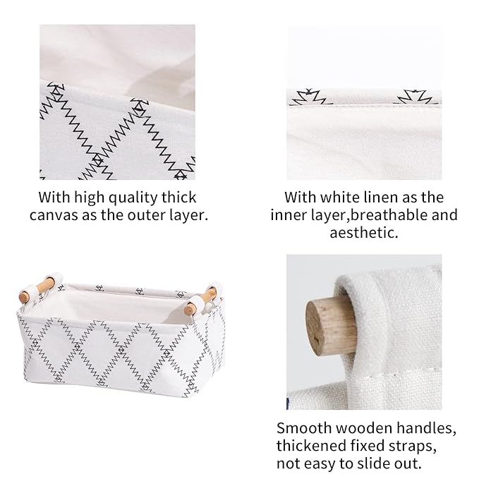 Decorative Collapsible Rectangular Fabric Storage Bin Organizer Basket with Wooden Handles for Clothes Storage,15.4x10.6x5.1 inch,White