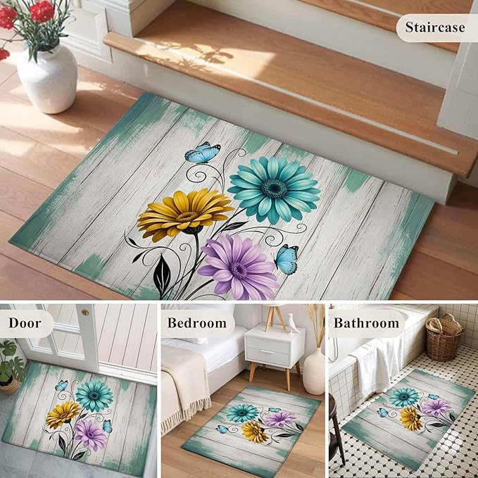 Area Rug 2x3ft, Farm Flower Daisy Retro Wood Barn Washable Rugs for Living Room Bedroom, Blossom Flower Butterfly Soft Non-Slip Area Rugs Rectangle Floor Carpet for Dining Room