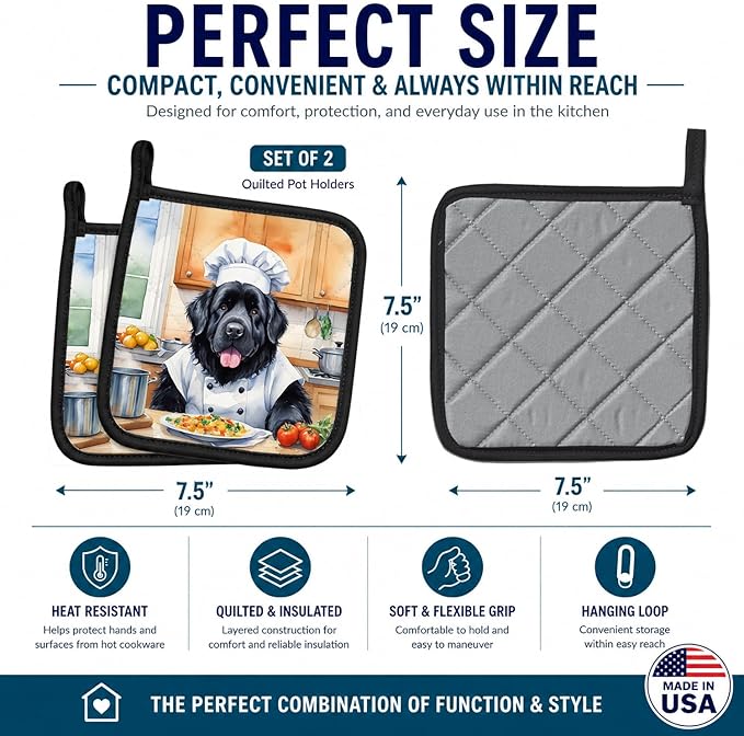 Caroline's Treasures Newfoundland The Chef Pair of Pot Holders Kitchen Heat Resistant Pot Holders Sets Oven Hot Pads for Cooking Baking BBQ, 7 1/2 x 7 1/2