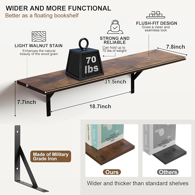 Heavy Duty Long Wall Shelves Set of 2, Floating Shelves Wall Mounted with Industrial Brackets, 40lbs Capacity Shelves for Laundry Room, Kitchen, Bathroom, Living Room (31.5"*8",Rustic Brown)