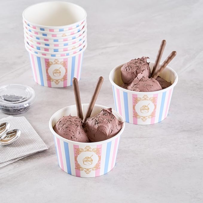 Coppetta 8 Ounce Dessert Cups, 50 Greaseproof Ice Cream Cups - Lids Sold Separately, For Hot And Cold Foods, Pink And Blue Stripe Paper Yogurt Bowls, Disposable, Sturdy - Restaurantware