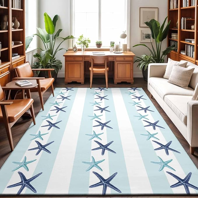 Area Rug 9x12ft, Summer Coastal Starfish Blue Teal Washable Rugs for Living Room Bedroom Rectangle Floor Carpet, Watercolor Ocean Theme Stripe Soft Non-Slip Area Rugs for Dining Room