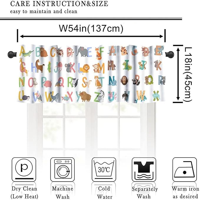 Alphabet ABC Valance Curtain, Cute Cartoon Animals Educational Tool Small Window Drapes for Kitchen Bedroom Nursery Classroom Decor, 54x18Inch