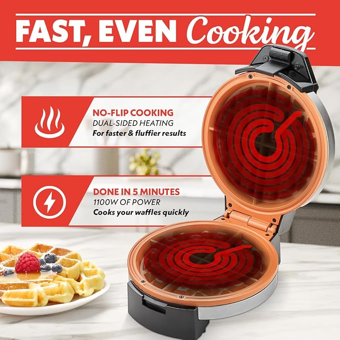 Gourmia Belgian Waffle Maker – Compact Design with Upright Storage, Adjustable Browning, and Easy-Clean Nonstick Ceramic Plates, Stainless Steel