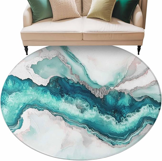 Washable Round Area Rug Abstract Blue Marble Texture Circle Rugs Floor Carpet for Living Room Bedroom, Modern Luxury Pattern Soft Non Slip Round Rug 5ft