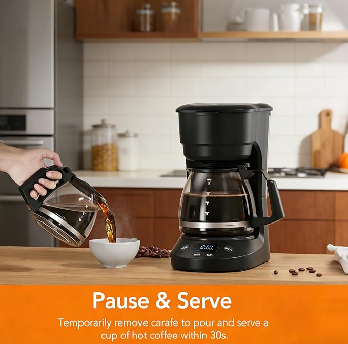 Electactic 5-Cup Drip Coffee Maker, a compact coffee machine with a digital clock and 24-hour programmable timer, featuring Auto Shut-Off, and a Removable Filter Basket for Home & Office-Deep Black