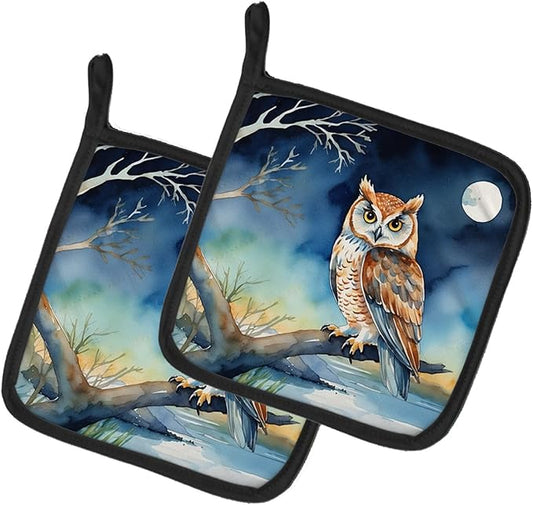 Caroline's Treasures Owl Perched in Coastal Tree Pair of Pot Holders Kitchen Heat Resistant Pot Holders Sets Oven Hot Pads for Cooking Baking BBQ, 7 1/2 x 7 1/2