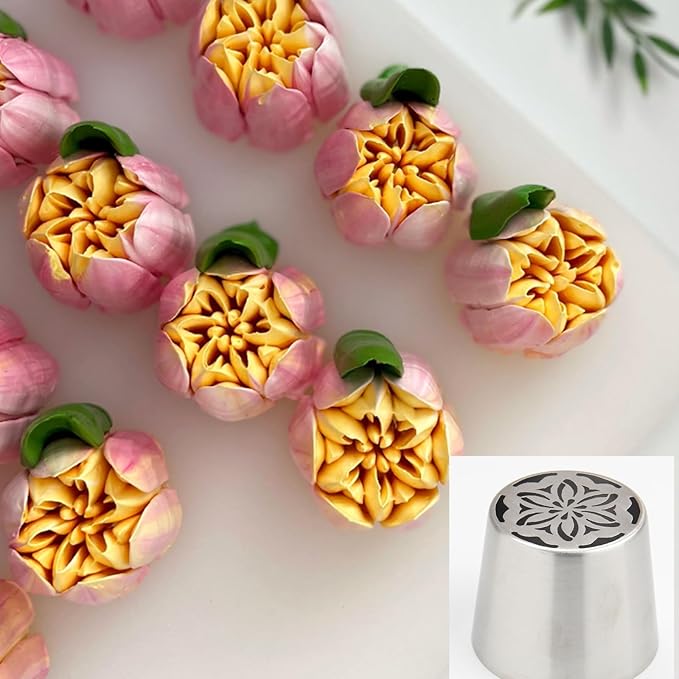 Extra Large Russian Piping Tip Set - 6 Stainless Steel Marshmallow Buttercream Framing Nozzles for 3D Roses Tulip Cake Decorations and Marshmallow Bouquets, Includes 1 Cleaning Brush(6D)