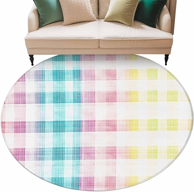 Washable Round Area Rug Easter Red Yellow Blue Stripes Circle Rugs Floor Carpet for Living Room Bedroom, Abstract Buffalo Plaid Soft Non Slip Round Rug 5ft