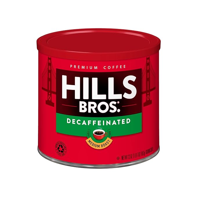 Hills Bros. Decaffeinated Ground Coffee – Premium Arabica Coffee Beans – Medium Roast, Rich Flavor Cup After Cup – Recyclable Steel Can for Freshness – Certified Kosher – 23 OZ Can