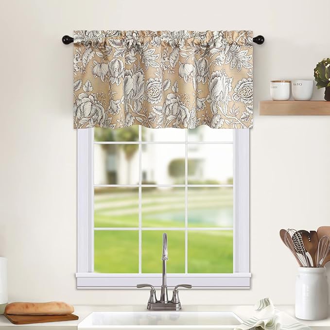 Leeva Floral Valance Curtains for Living Room, 1 Panel Vintage Style Light Filtering Curtain Valances Rod Pocket Window Treatment for Guest Room, L 18 x W 52