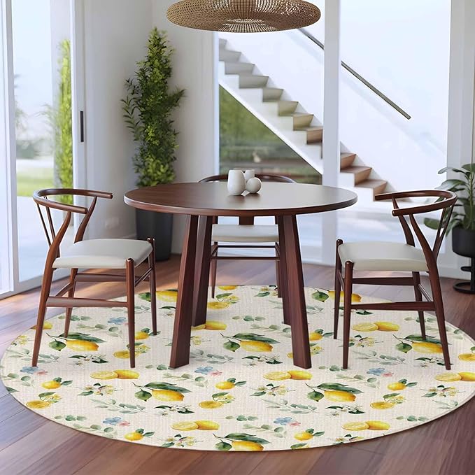 Washable Round Area Rug Country Lemon Flower Leaf Circle Rugs Floor Carpet for Living Room Bedroom, Pastoral Fruit Plant Vintage Linen Soft Non Slip Round Rug 5ft