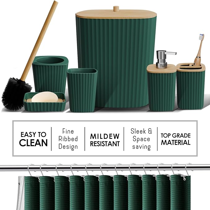 Clara Clark Bathroom Accessories Set - 27PC Bathroom Set with Adhesive Corner Shower Caddy Hanging, Bathroom Sets with Shower Curtain and Rugs, Ombre Green Shower Curtain Set with Bathroom Trash Can