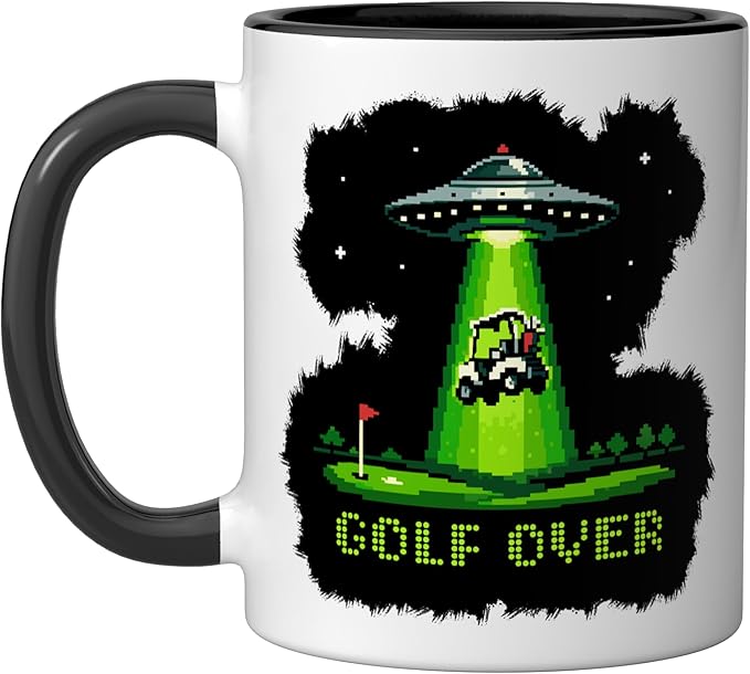GOLF OVER Retro Funny Pixel Art UFO Abducting Golf-Cart Ceramic Mug, Black/White
