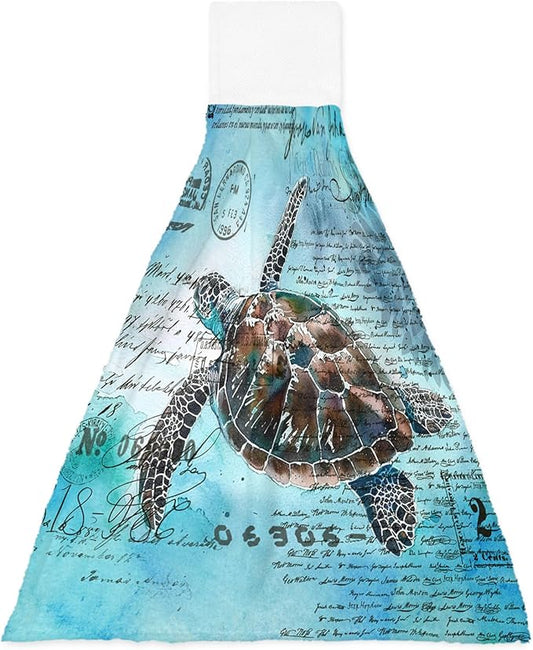 Alandar Home Kitchen Tie Towel Set of 1, Summer Watercolor Ocean Turtle Absorbent Soft Hand Towels for Bathroom Hanging Towels, Retro Stamp Letter Texture on Blue Fast Drying Cleaning Cloth with Loop