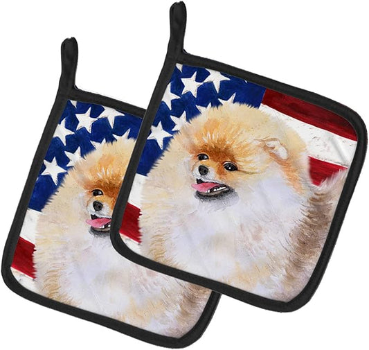 Caroline's Treasures BB9682PTHD Pomeranian Patriotic Pair of Pot Holders Kitchen Heat Resistant Pot Holders Sets Oven Hot Pads for Cooking Baking BBQ, 7 1/2 x 7 1/2