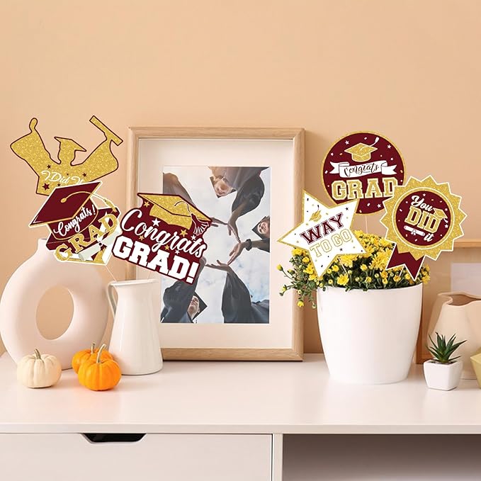 2026 Graduation Party Decorations - 24 Pcs Class of 2026 Congrats Grad Table Centerpieces Graduation Table Decorations Sticks Table Toppers for Graduation Party (Maroon Gold)