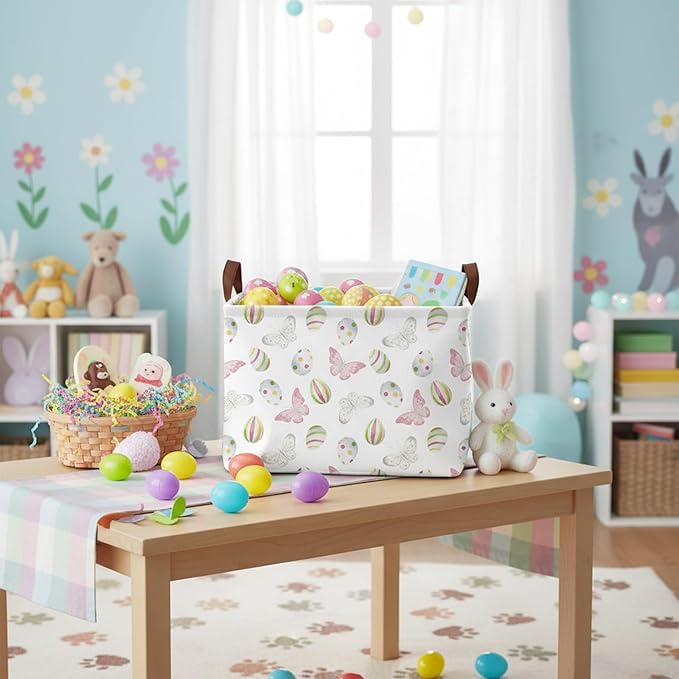 Large Rectangular Cute Kid Easter Basket Empty Bunny Eggs Easter Basket Gift Spring Room Storage Organizer Décor (E-01)
