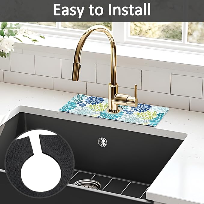 15" X 5.5" Kitchen Sink Splash Guard Faucet Mat Floral Super Absorbent Fast Drying Faucet Guard & Draining Mat Sink Splash Guard Behind Faucet for Kitchen, Bathroom
