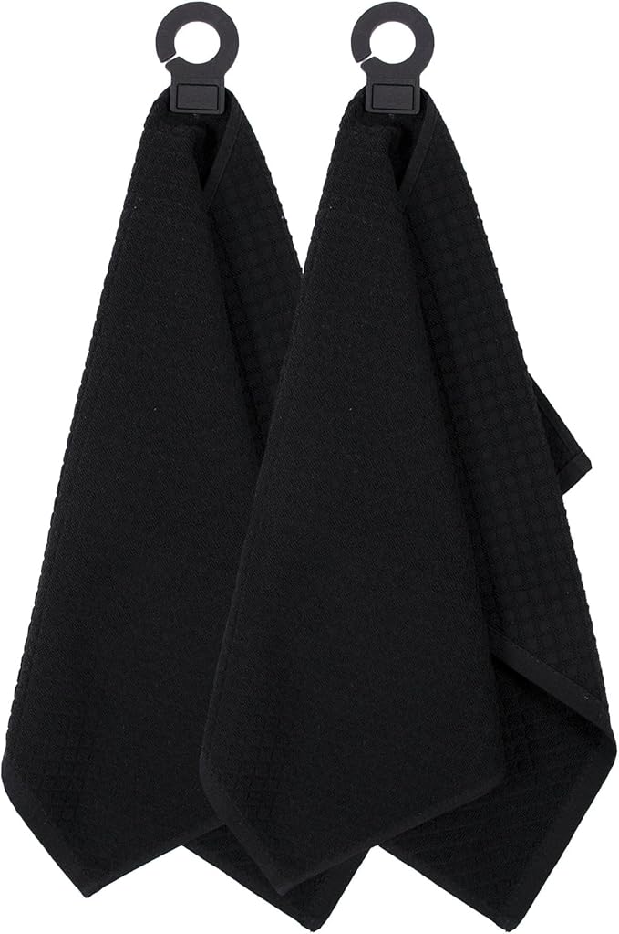 Ritz Premium Hook and Hang Towel, (2-Pack), 18" x 28", Long-Lasting Durable Rubber Hook, Highly Absorbent Super Soft Hand Cloths for Kitchen, Bathroom, Laundry Room, Black