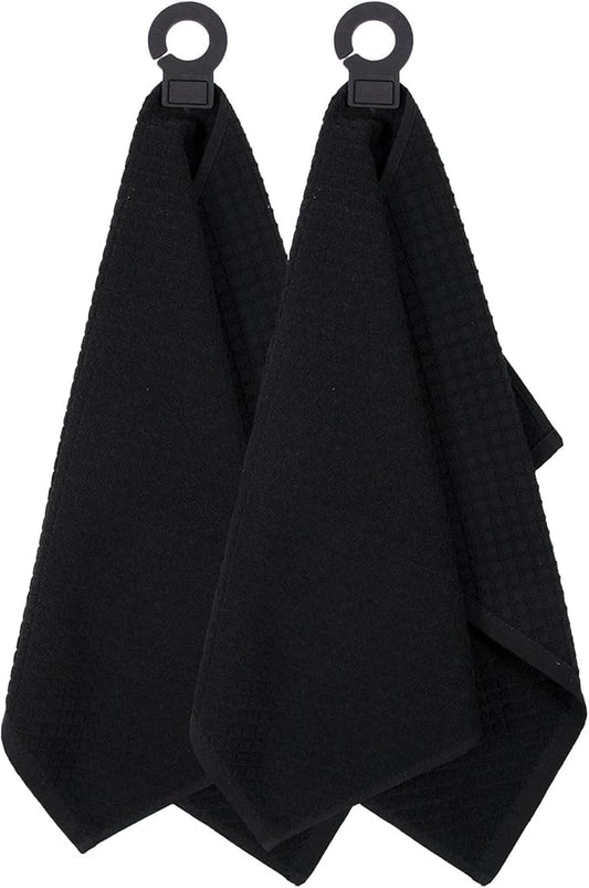 Ritz Premium Hook and Hang Towel, (2-Pack), 18" x 28", Long-Lasting Durable Rubber Hook, Highly Absorbent Super Soft Hand Cloths for Kitchen, Bathroom, Laundry Room, Black