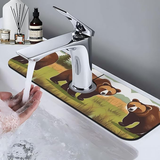 Brown Bear Walking Printed Faucet Absorbent mat, Suitable for bathrooms, Kitchens, and Other Sink Areas.