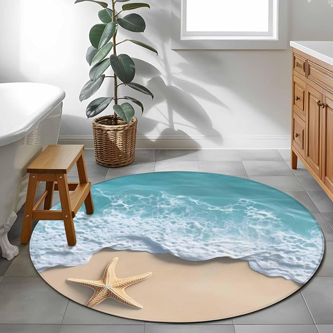 Washable Round Area Rug Beach Starfish Teal Sea Water Circle Rugs Floor Carpet for Living Room Bedroom, Summer Ocean Theme Soft Non Slip Round Rug 4ft