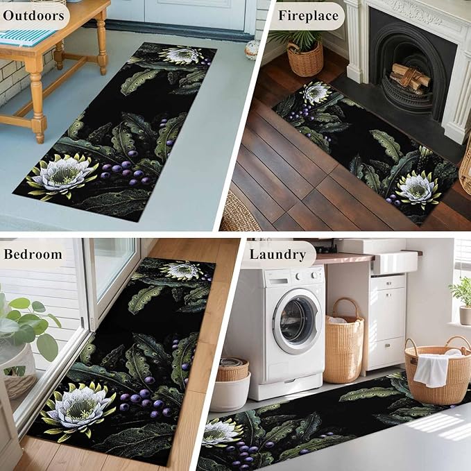 Runner Rug for Bedroom Hallway, Watercolor Flower Berry Leaves Kitchen Runner Rugs Area Rug 2x6ft, Botanical Plant Dark Style Washable Soft Floor Carpet for Entryway Stair